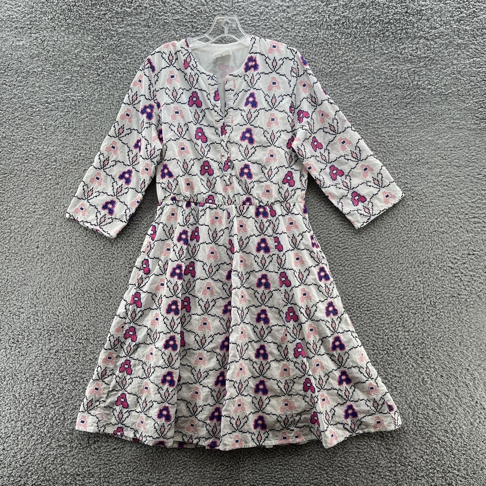 Nimo With Love Dress Large White Pink Embroider Cross Stitch Boho Cottage Pocket